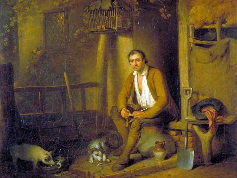 1755-William Redmore Bigg - Esterno di un cottage, un lavoratore seduto che riempie la pipa - Victoria and Albert Museum